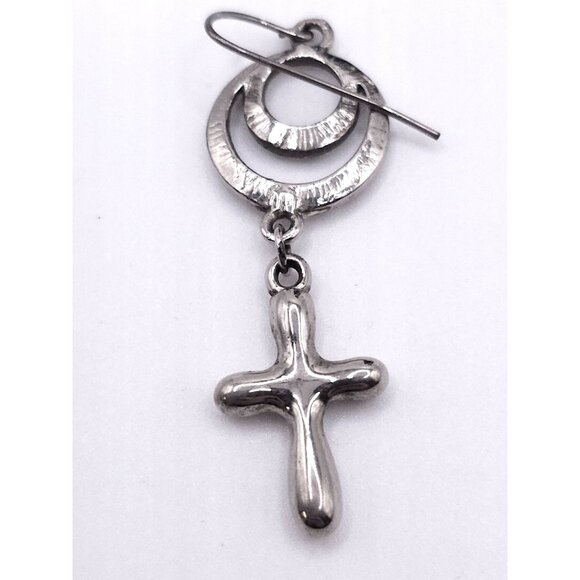 Silver Cross Dangle Earrings With Rhinestone Accents & Circular Detailing For Wo - Picture 2 of 5